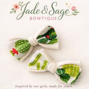 Jade & Sage Bowtique Cactus Print Hair Bows - Green and Cream